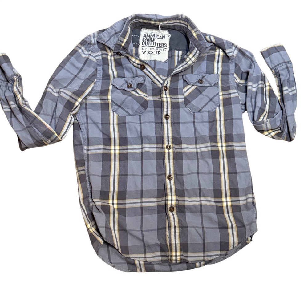 American Eagle Men’s XS Plaid Button Up Y2K Grunge Skate Shirt Gray Yellow